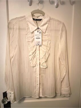 Zara Sheer Ivory/cream Long-Sleeve Blouse with Metallic Stripes& ruffles size M
